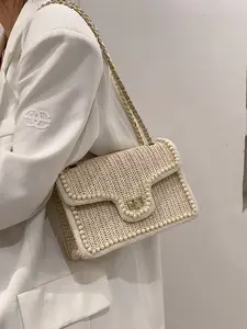 Fashionable and elegant atmosphere woven flip bag, retro light luxury exquisite style single shoulder crossbody bag, with chain shoulder strap design and pearl decoration, can accommodate mobile phones and lipstick, Fashionable Bags, Fashionable Bling Bag
