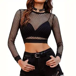 Women's round neck fishnet see-through top, sexy fishnet base layer, see-through crop top