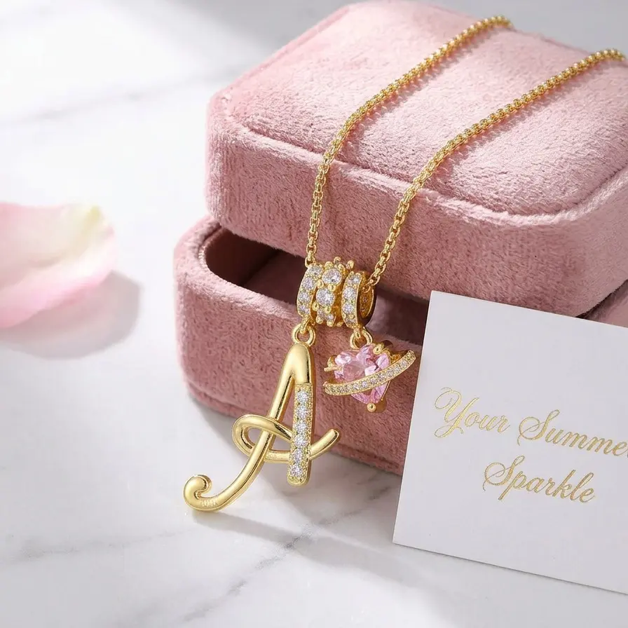 Women's Gold Plated 3-Layer Initial A-Z Letter Pendant Necklace, Snake Chain Choker with Pink Heart Zircon, Adjustable Length Costume Jewelry for Valentine's Day Gifts