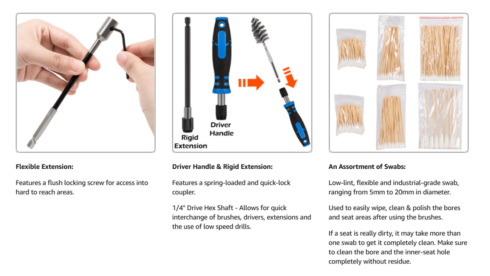 Professional Diesel Injector-Seat Cleaning Kit 8090S on Cylinder Heads, Including Helix Brushes, Two-Stage Brushes, Bore Brushes and Swabs (Stainless Steel, 17-Pack)