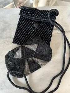 Set of Two Vintage Black Beaded Small Purses | Made In Belgium | Art Deco Style | Hand Beaded | PLEASE READ DESCRIPTION