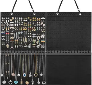 Large Hanging Smooth Felt Leather Jewelry Organizer - Durable, Adjustable, Modern, Zoned Storage for Earrings, Necklaces, Bracelets, Enamel Pins, Anklets | Home Organizer Solution
