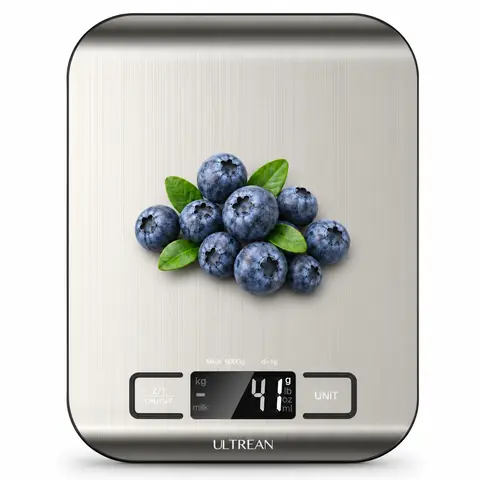 Ultrean Stainless Steel Digital Kitchen Scale - 11lb Capacity, 3g/1g Precision, 8.3*6.1*0.6 in, 6-Unit Conversion, Tare Function, Auto-Off, Backlit, 4 High-Precision Sensors, Alkaline Batteries Included, for Baking & Meal Prep, Household Kitchen Scales
