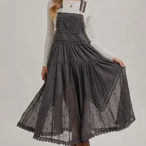 Lace Embroidered Tulle Bib Overall Maxi Dress with Elegant Tiered Skirt and Delicate Lace Trim