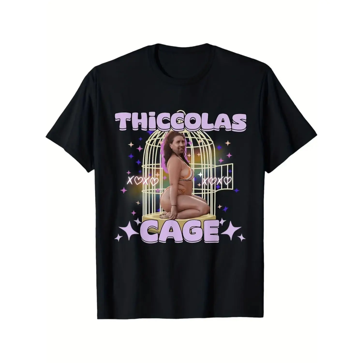 Men's Casual Black Cotton Breathable Short-Sleeve Thiccolas Cage Stupid Meme T-Shirt, Plus Size Tops, Shortsleeve