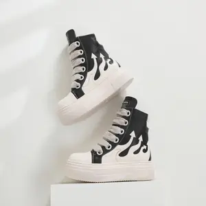 2026 New Arrival Euro American High Top Shoes Plus Size Women Color Block Thick Platform Chunky Shoelaces Flame Design Couple Sneakers for Men Women Unisex Streetwear Punk Casual Non-Slip Comfortable Viral