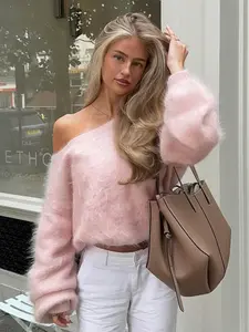 Women's Faux Fur Sweater, Low Round Neck, Shoulder-Exposed Design, Loose Fit Long Sleeve Top, Casual Fall & Winter Fashion, Womenswear