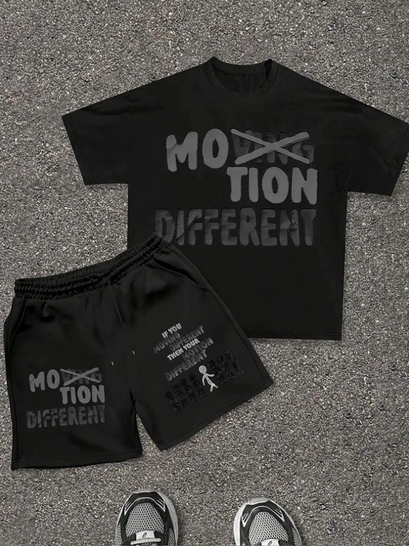 Moving Motion Different Graphic Loose Round Neck Tee & Matching Shorts Set - Edgy Fashion Streetwear Two-Piece Outfit