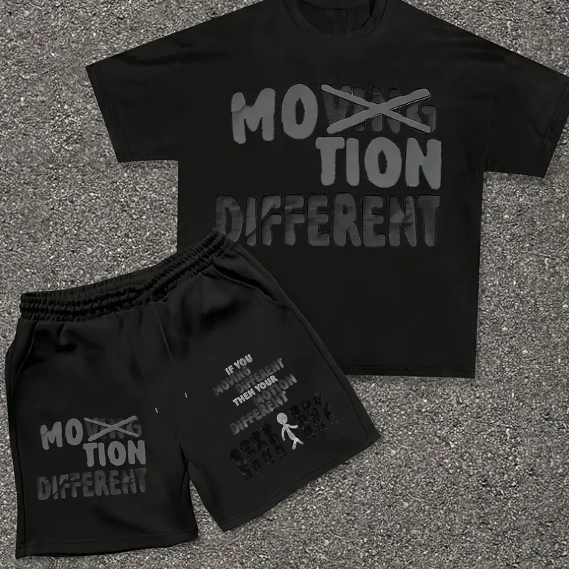 Moving Motion Different Graphic Loose Tee & Shorts Matching Set - Edgy Streetwear Two-Piece