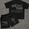 Moving Motion Different Graphic Loose Tee & Shorts Matching Set - Edgy Streetwear Two-Piece