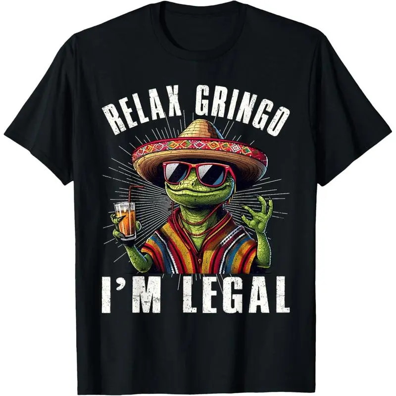 Men's Streetwear Graphic T-Shirt with Funny 'Relax Gringo' Lizard Print, 100% Cotton Casual Short Sleeve Round Neck, Tshirt, Shortsleeve, Menswear, Graphic Print, Chic, All Seasons, Basic, Classic, Short Sleeve Tee, Club, Tops, Fashion, Cute