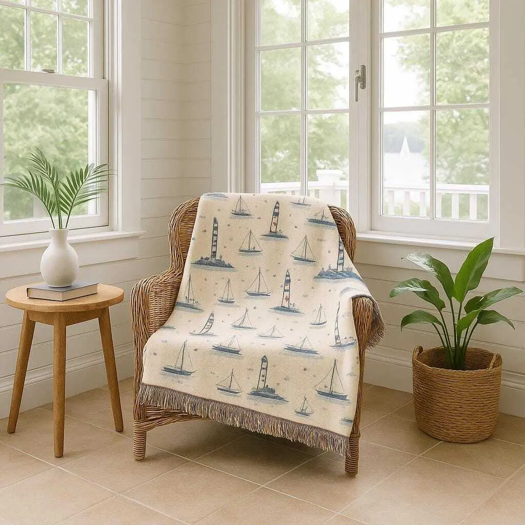 Nautical Cotton Woven Fringe Blanket, Coastal Throw for Vacation Beach House, Cottage, Seaside Home Decor Gift, Lighthouse Sailboat Blanket