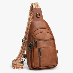 Women's and Men's Vintage PU Leather Sling Bag Adjustable Strap Crossbody Chest Bag Brown Compact Multi Pocket Anti-theft Urban Streetwear Backpack