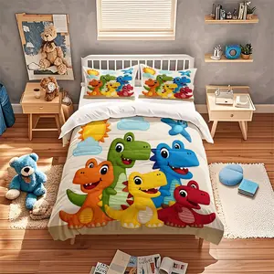 3-Piece Cartoon Dinosaur Bedding Set, Full Polyester Brushed Digital Print Sheet Set, Includes One Fitted Sheet Two Pillowcases, Soft Comfortable Bed Sheet Sets