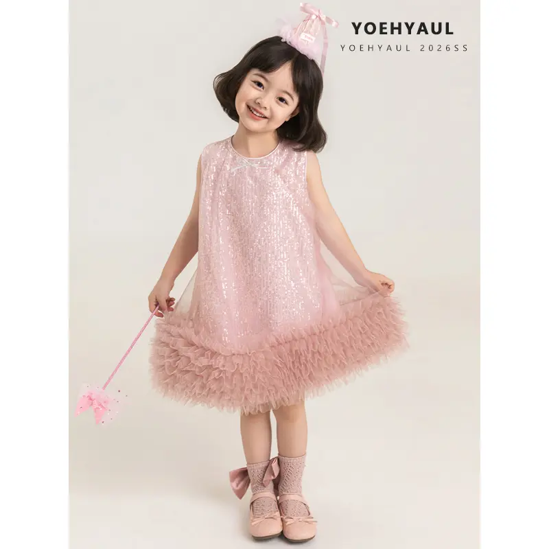 YOEHYAUL Girls Dress Summer Multi-layer Mesh Sequins Princess Dress Pink Lace Sleeveless Party Dress for Toddlers, Party Wedding Guest, Kids Clothes for All Seasons, Layered Tulle Dress,Birthday Dress