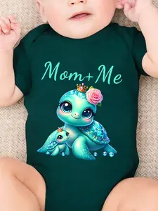 Baby girl newborn cute short sleeved crawling suit "Turtle Mother and Daughter MOM+ME" cartoon print, suitable for male and female babies, perfect pregnancy gift, baby triangle jumpsuit