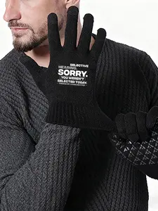 Black Knitted Gloves with Selective Hearing Sorry Printed Pattern NonSlip Grip Winter Outdoor Warm Gloves Suitable for Daily Use and Sports Activities for Adults Perfect Christmas  New Year  and Holiday Gift Ideas for Men and Women
