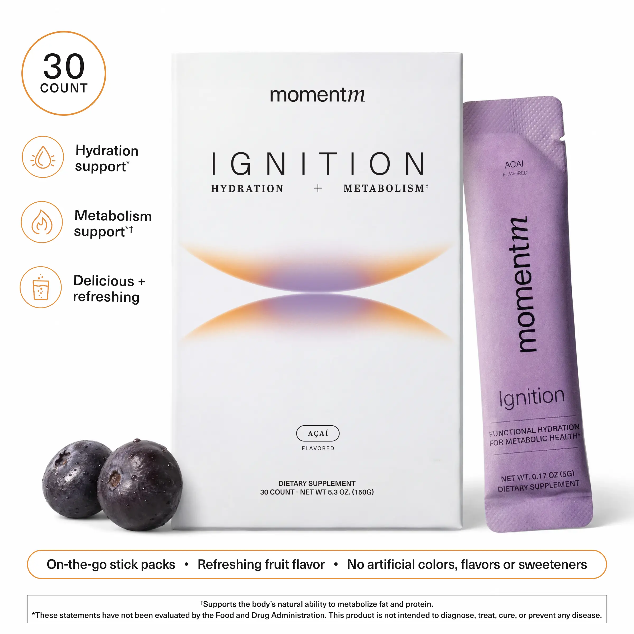 momentm Ignition Acai Hydration Drink Mix (30 ct) - Supports Steady Energy & Focus - with Magnesium, Electrolytes, Adaptogens, InnoSlim & Holy Basil - Sugar Free
