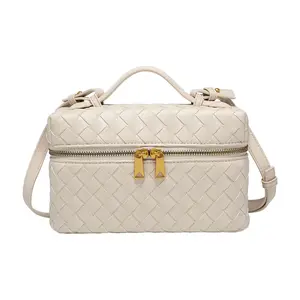 Trendy Woven Crossbody Purse Bag for Women Cute Shoulder Bag Square Box Bags Mini PU Leather Top Handle Purses Handbag with Gold Zipper