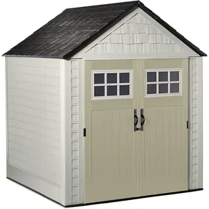 Resin Outdoor Storage Shed With Floor (7 x 7 Ft), Weather Resistant, Beige/Brown, Organization for Home/Backyard/Garden Tools/Lawn Mower/Bike Storage/Pool Supplies