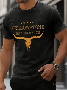 Men's Short Sleeve T-Shirt Streetwear Menswear Round Neck Yellowstone Dutton Ranch Skull Emblem Print Casual Letters Print, 100% Cotton Washed Vintage Fabric, Casual Fitted Medium Length