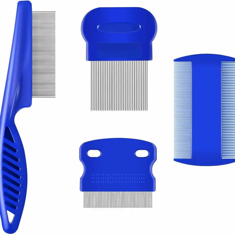 Rust-Resist Steel 4-Piece Animal-Safe Flea Treatment Grooming Tools Set - 1 Short-Needle, 1 Long-Needle Double-Sided Rounded Teeth Combs for Dogs, Cats, Long&Short Coats, Reduces Shedding, Cleans Fur, Massages Skin, Removes Tear Stains, Demats
