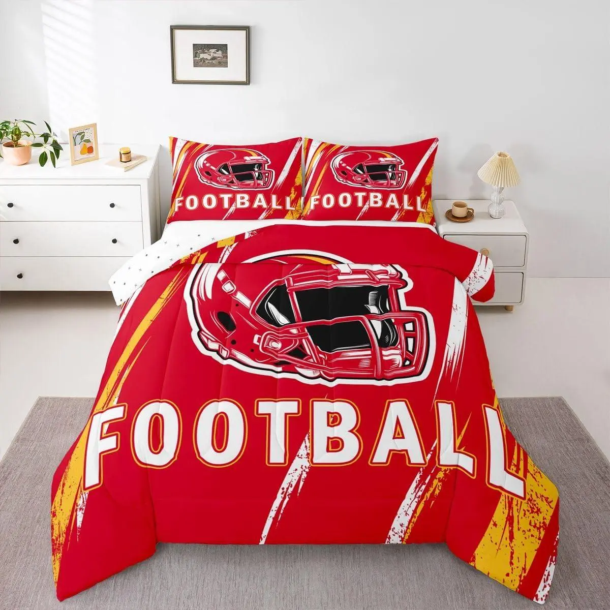 Boys Football Bedding Comforter Set,Gridiron Duvet Set,for Kids Adults Sports City Themed Bedding Set,Red Yellow Seasonal Color Down Comforter