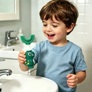Dinosaur U-Shaped Toothbrush with Travel Case, 360° Silicone Soft Bristles for Babies Aged 0-6, Cute Dinosaur Racing Design, Food-Grade Silicone, Travel Essential, Kid Toothbrush