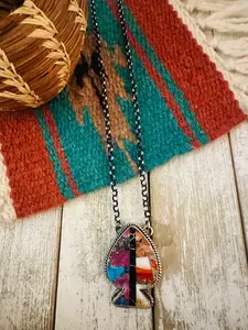Handcrafted Sterling Silver & Multi Stone Inlay Spade Necklace