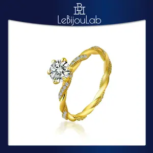 [LeBijouLab] Serenity Spiral 1CT Synthetic Moissanite Engagement Ring For Women, Golden Round Cut Synthetic Moissanite Prmoise Ring w/ Fixed Size 5 to 9, Mother's Day Gift