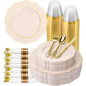 350 Piece Pink Plastic Dinnerware Set for 50 Guests Elegant Baroque Disposable Dinnerware for Weddings, Parties, 100 Plastic Plates, 50 Pre Rolled Napkins with Silverware, 50 Cups