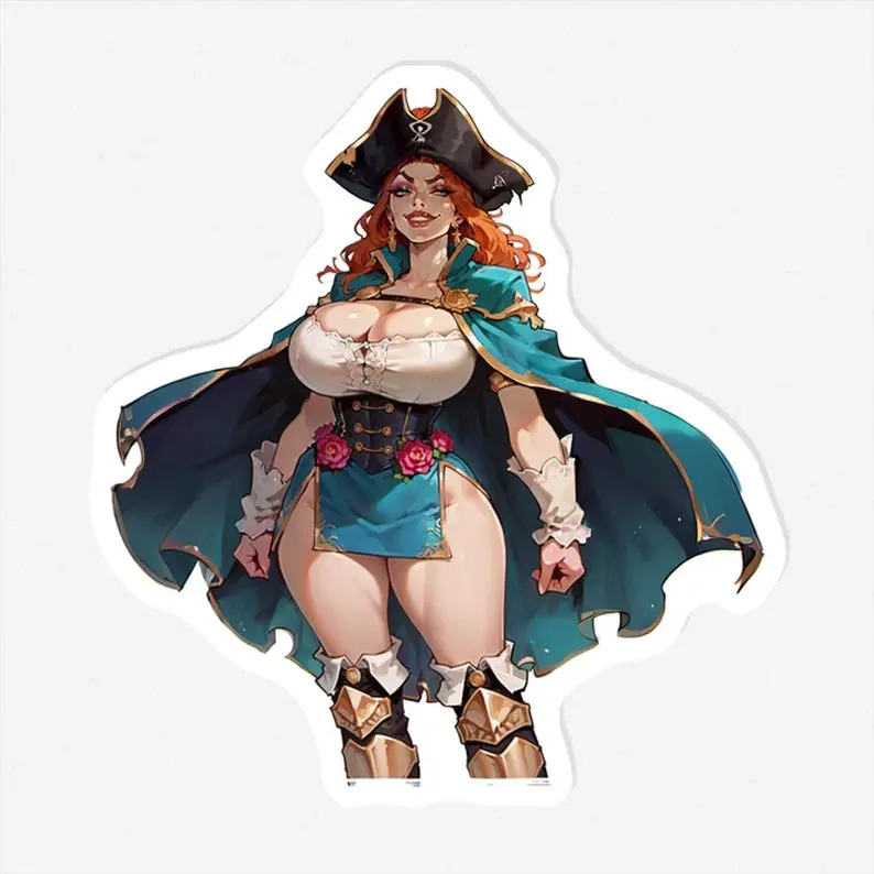 Pirate Captain Anime Girl Vinyl Sticker, Red Hair Waifu Waterproof Decal, Fantasy Pirate Woman Sticker for Laptop Water Bottle Phone Case