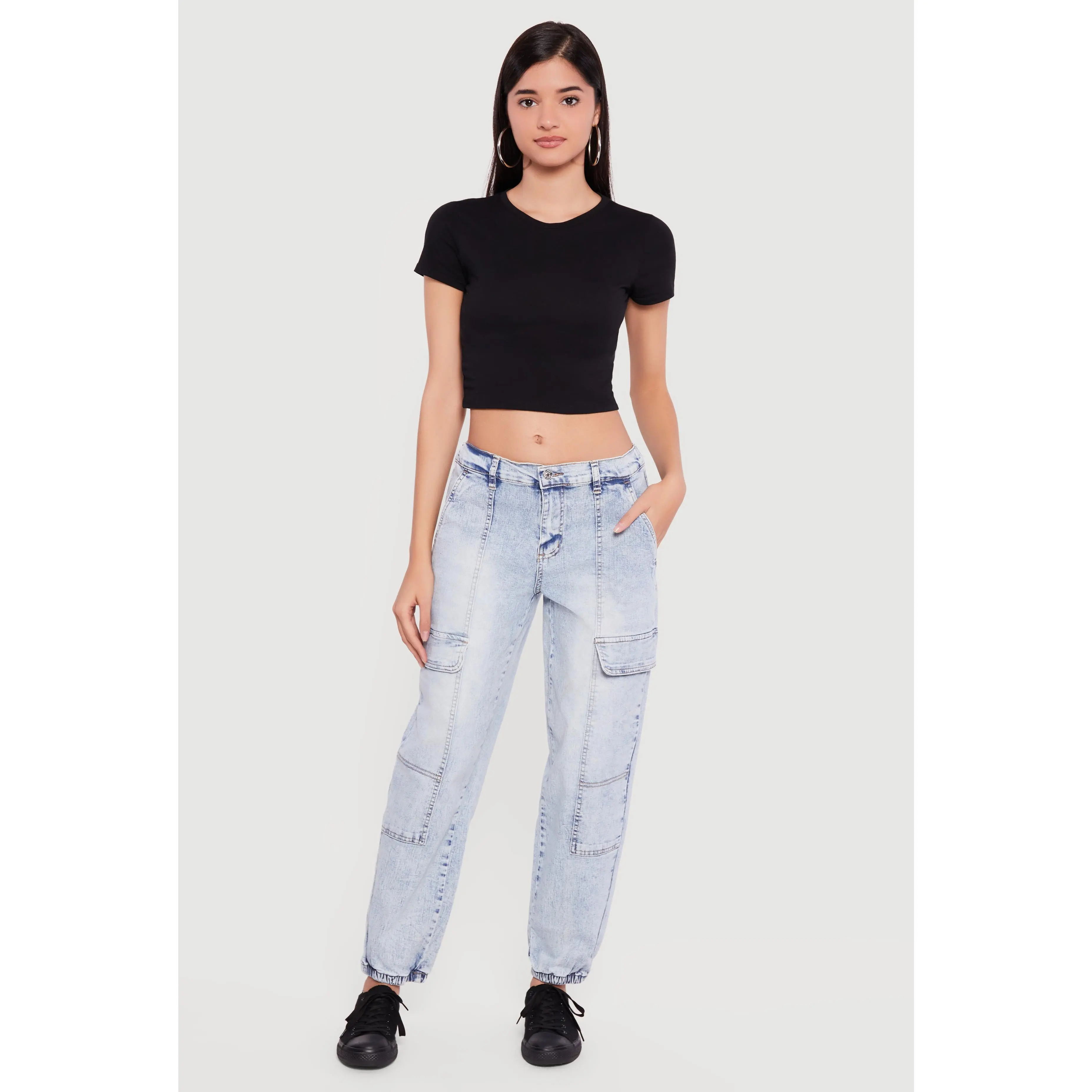 Acid Wash Denim Joggers with Cargo Pockets