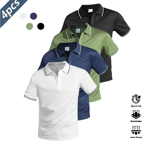 Men's 4-Piece Set Casual Short-Sleeve Polo Shirts - Contrast Collar, Contrast Cuff, Quick-Dry, Breathable Sports Top, Button-Front, Athletic Sports Clothing, Suitable for Golf, Equestrian, Casual Parties