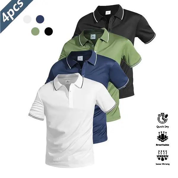 Men's 4-Piece Set Casual Short-Sleeve Polo Shirts - Contrast Collar, Contrast Cuff, Quick-Dry, Breathable Sports Top, Button-Front, Athletic Sports Clothing, Suitable for Golf, Equestrian, Casual Parties