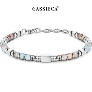 CASSIECA Beaded Bracelets for Women Men Stainless Steel Bracelet Pink Crystal Obsidian Tiger Eye Friendship Anxiety Silver Bracelet Turquoise Jewellery 4MM Summervibes