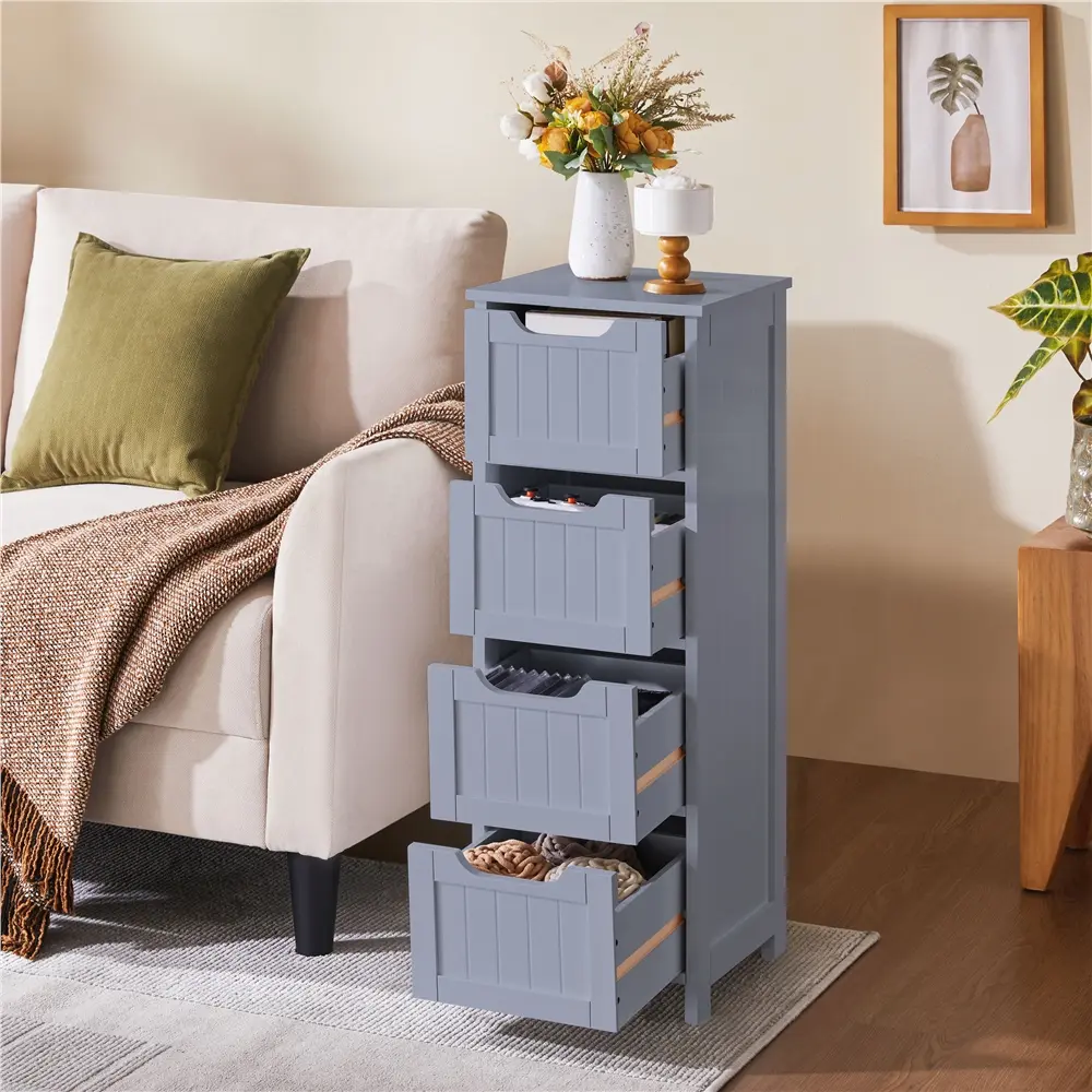 Costoffs Slim Freestanding Storage Cabinet - Modern Gray MDF Non-Plastic Plastic-Free Hinged Multi-Purpose Floor Cabinet, 4-Drawer Storage Cupboard for Bathroom Toiletries & Medications, Home Decor Organizer, Multi-Purpose Floor Cabinets