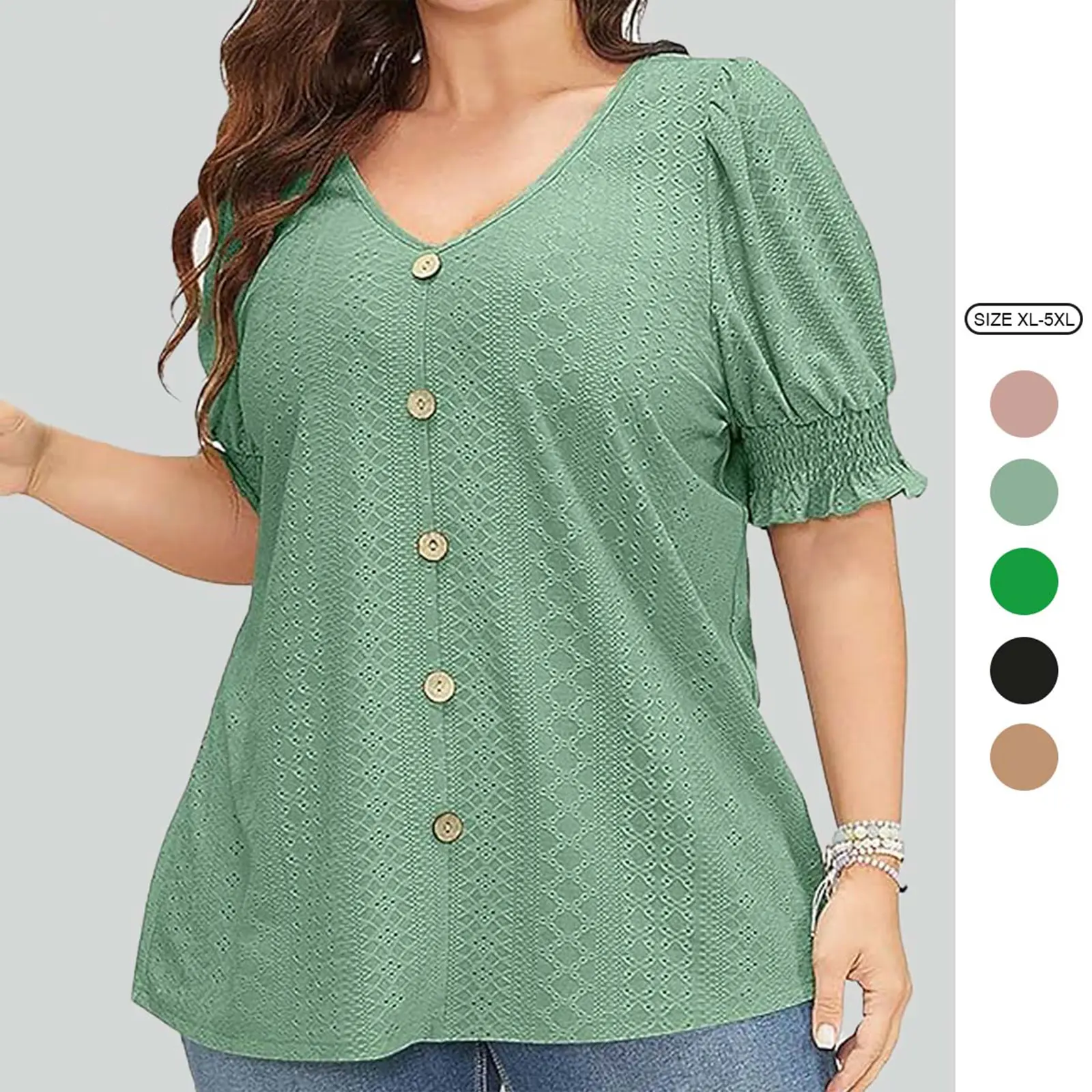 Imily Bela【XL-5XL】Womens Plus Size Tunic Tops V Neck Short Puff Sleeve Tops Casual Summer Eyelet Blouses