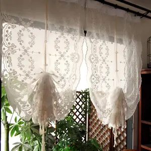 Country Style Pull Up Balloon Sheer Curtain with Embroidered Floral Patterns Beige Tie Up Adjustable Farmhouse Window Treatment Shades Valance 1 Panel, 32 inches W x 68 inches L