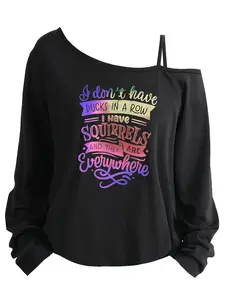 Plus Size Women's Loose-Fit Long Sleeve Cami Top, Asymmetrical Neckline, Letter Print, All Seasons, Sizes 1-8xl