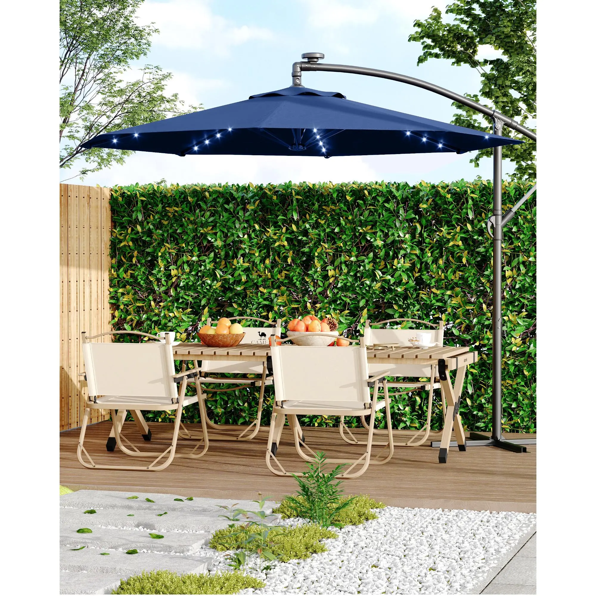 10FT Offset Patio Umbrella with Solar Lights - Cantilever Outdoor Umbrella for Deck, Pool, Garden - UV50+ Fade Resistant Fabric, LED Lights, Easy Lift & Tilt Adjustment