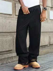 Men's Solid Mesh Pants, Street Fashion Casual Pocket Trousers for Daily Wear, Comfy Trendy Pants for Men
