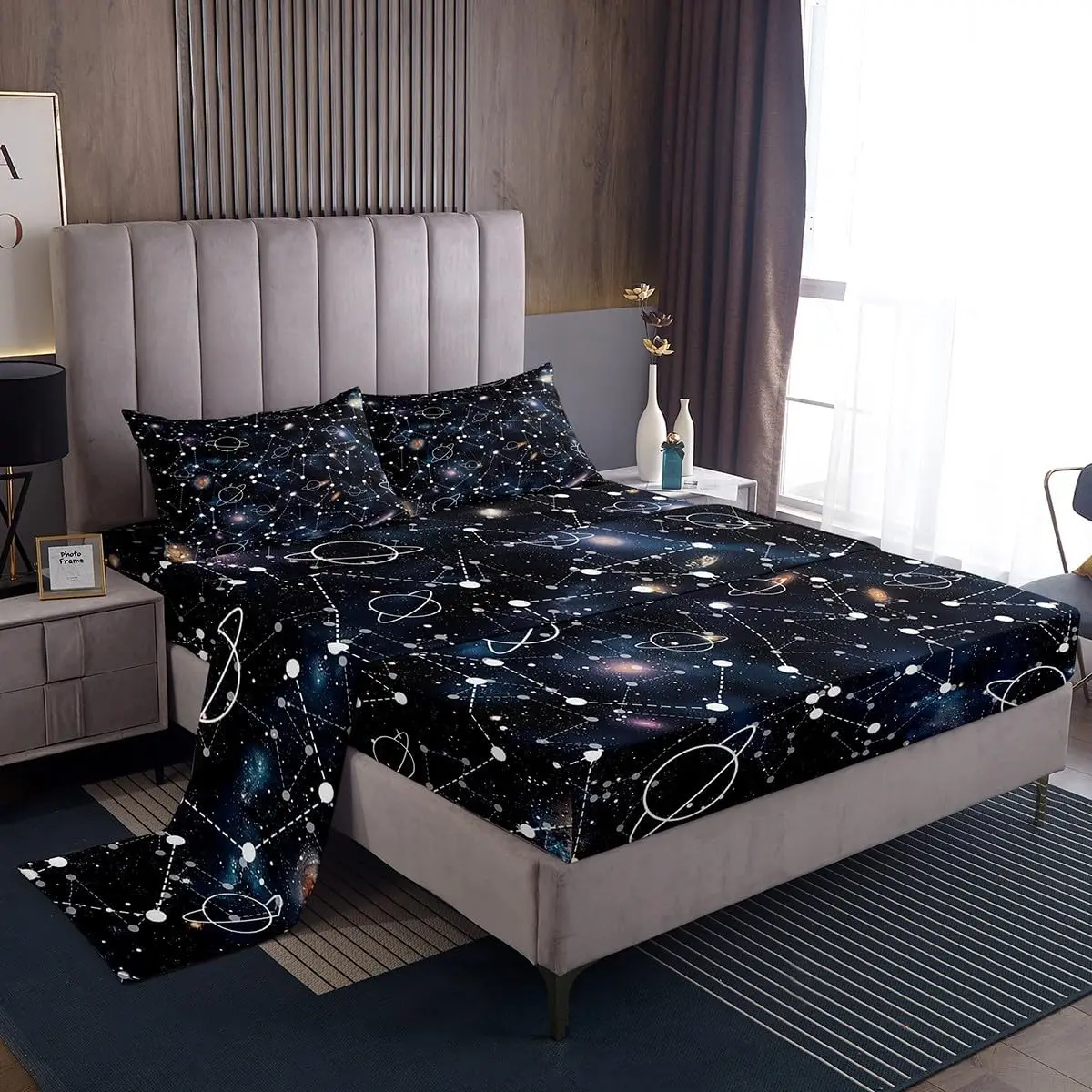 Feelyou Microfiber Galaxy Constellation Bedding Set - Purple Universe Print, Breathable Soft Decorative Sheets, Deep Pockets Fitted Sheet for Kids, Breathable Sheets