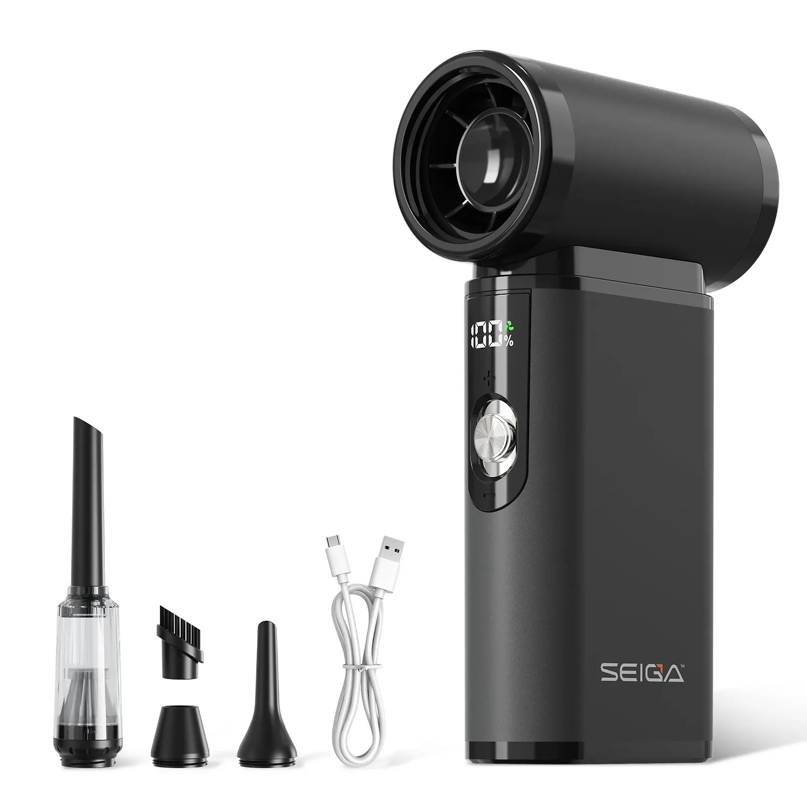 SEIGA 2-in-1 Cordless Air Duster & Handheld Vacuum, 130,000 RPM Rechargeable Compressed Air Blower, 8000mAh Battery, 100-Level Adjustable Airflow for Keyboard, PC & Car Cleaning