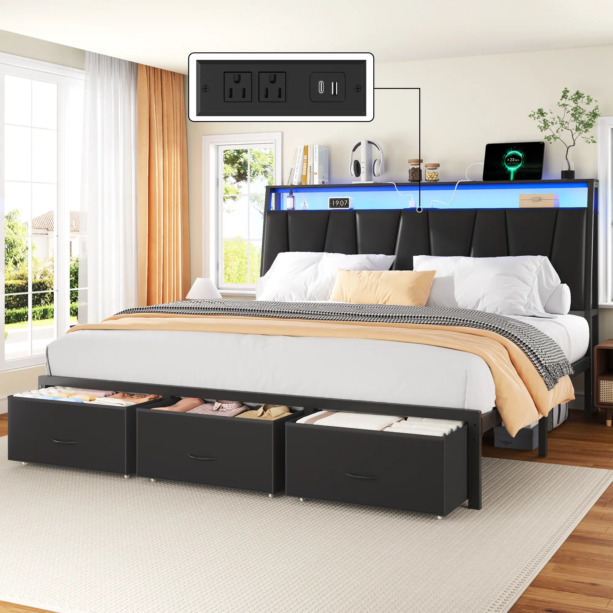 [SummerSale]  Bed Frame with LED Light and 2 Storage Drawers, Metal Platform Bed with Storage Headboard, Velvet Upholstered, Heavy-Duty Slats, No Box Spring Needed, Easy Assembly
