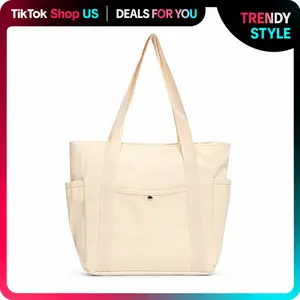 Women's Large-Capacity Canvas Tote Bag with Pockets for Work and Travel