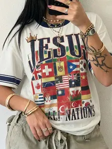 Vintage Oversized Graphic T-Shirt for Women, Y2K Retro Jesus All Nations Flag Print Distressed Tee, 90s Aesthetic Casual Streetwear Top, Harajuku Grunge Summer Short Sleeve Shirt, Trendy 2026 Viral TikTok Made Me Buy It Graphic Tee for Street Style, Festi