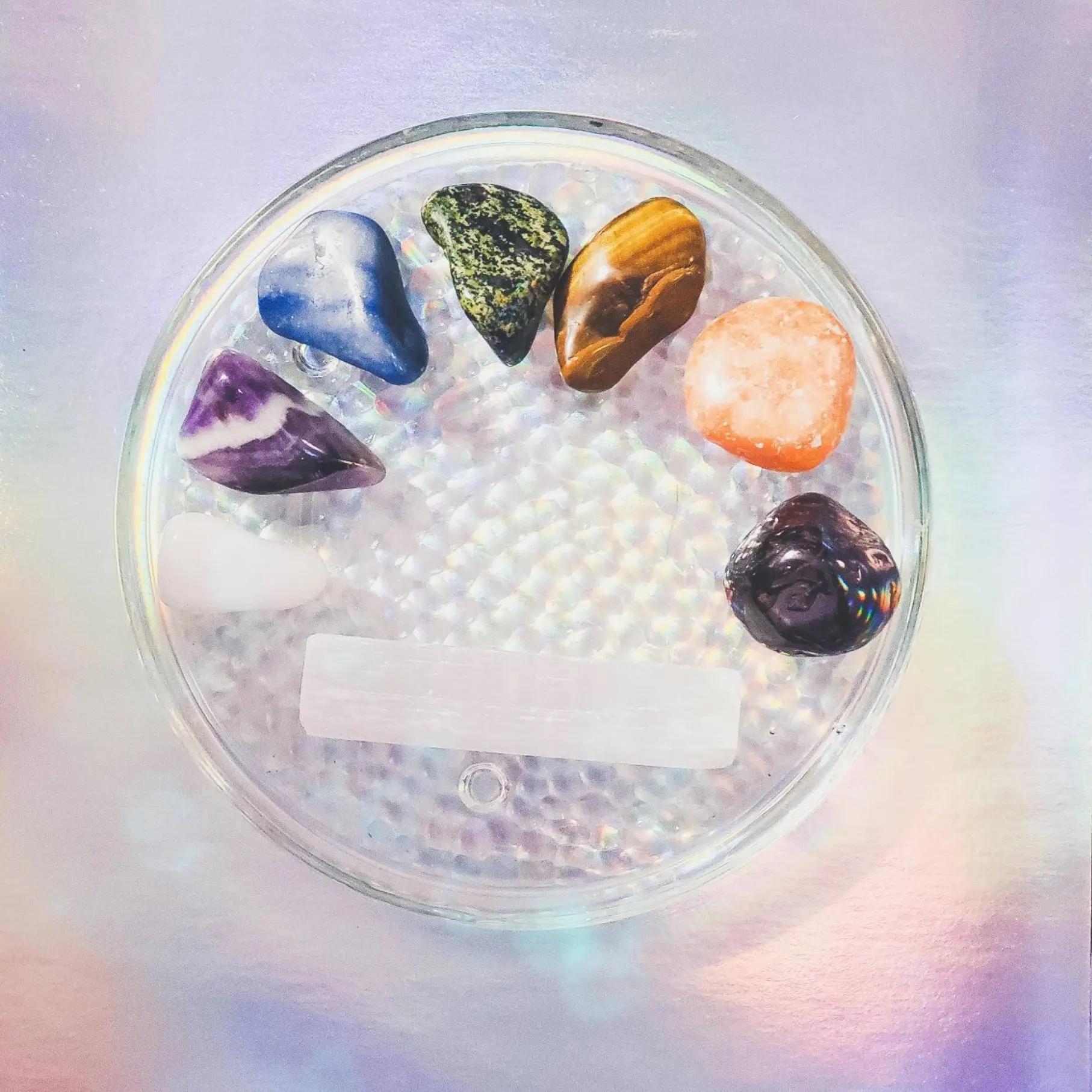 Practical Magick Collection Healing Chakra Crystal Set with Glass Plate & Thick Selenite Sticklette for Spiritual Connection and Psychic Power