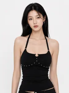 Aelfric Eden Studded Rhinestone Halter Tank Top Slim Fitted Silhouette Adjustable Halter Neck Rhinestone & Metal Stud Detail High-Stretch Knit Fabric Y2K Edgy Streetwear Women Top