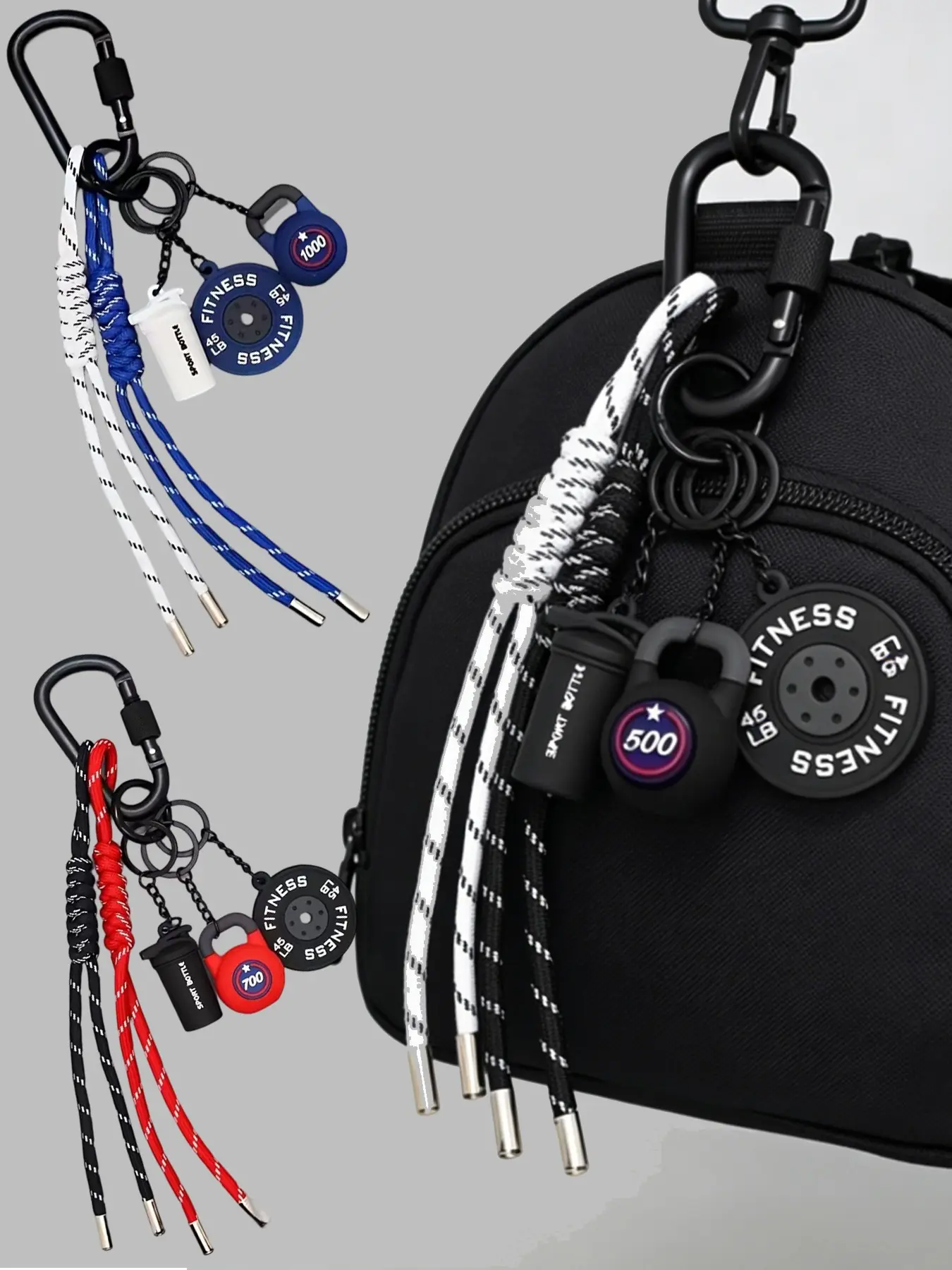 A Street Sports-Style Fashionable Fitness Pendant Featuring Contrasting Braided Cords, Including Elements Like Kettlebells, Weight Plates, Is An Accessory For Sports Enthusiasts' Daily Outings And Commutes, Sporty Charm, Dangling Charms, Fitness Theme